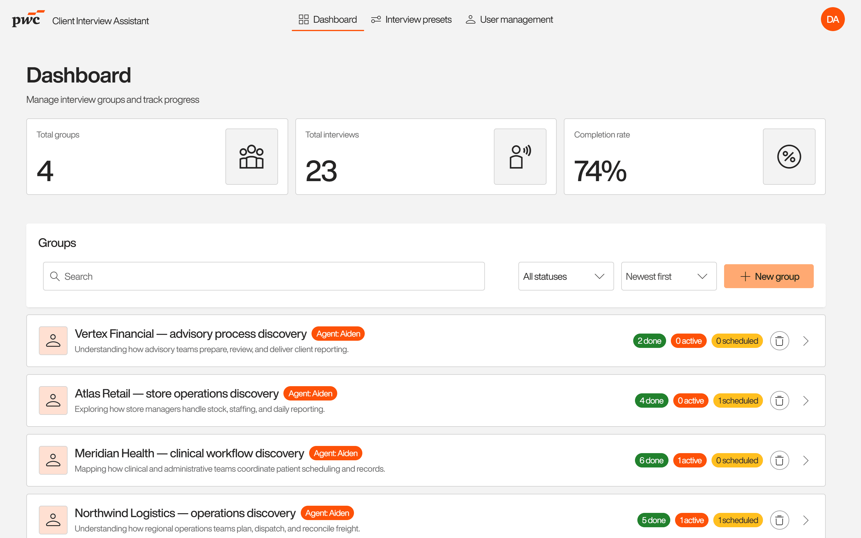 Dashboard listing four discovery programs with interview counts and completion rate